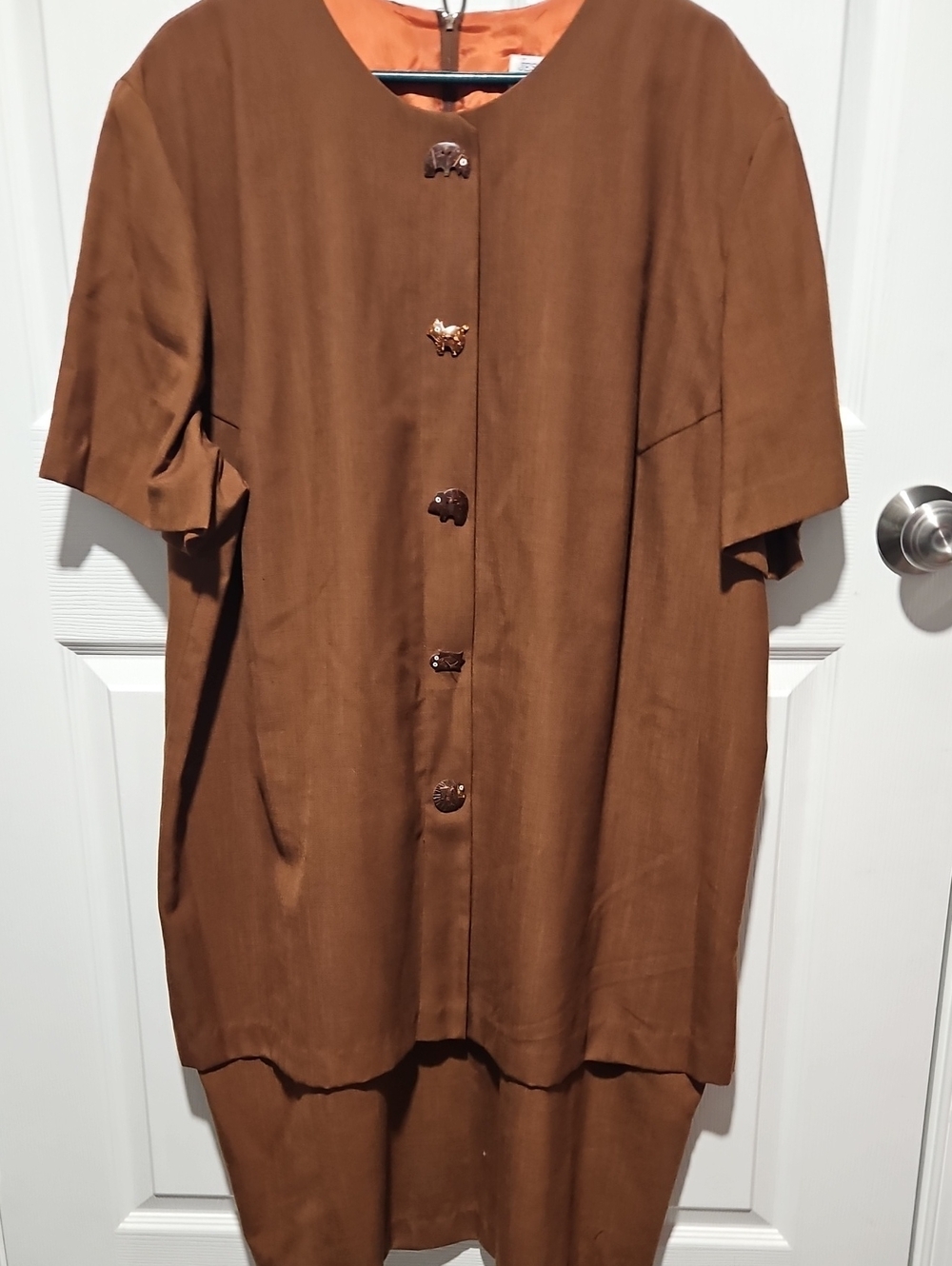 VTG Jessica Howard Brown Mock Two Piece Dress Novelty Animal Buttons Made In USA